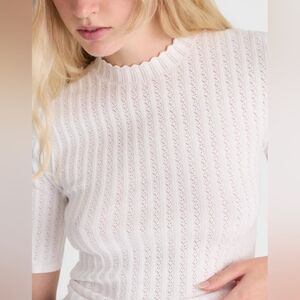 Madewell Pointelle Mockneck Sweater Tee S White Scalloped trim NY446 Romantic